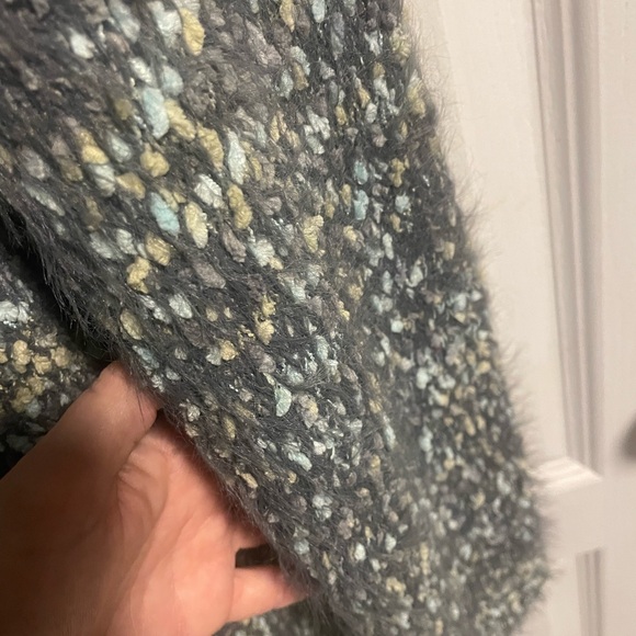Gray with Green & Blue Confetti Detail V-Neck Sweater Eyelash Fuzzy Knit, Medium - Picture 6 of 9